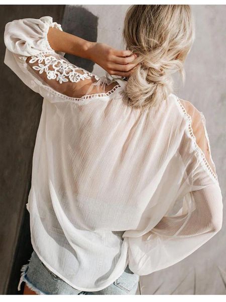 women's blouses & shirts summer blouse v-neck casual lace mesh stitching long sleeve perspective ruched blusas mujer de moda * q 40u2, White