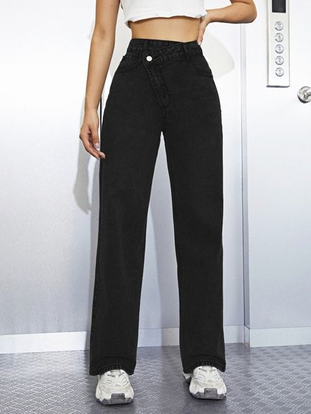 asymmetrical waist wide leg jeans 21kk#, Blue 
asymmetrical waist wide leg jeans 21kk#, Blue