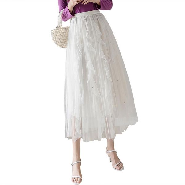 skirts lukaxsikax 2021 spring autumn women high waist slim pleated long skirt fashion beading ruffles mesh, Black 
skirts lukaxsikax 2021 spring autumn women high waist slim pleated long skirt fashion beading ruffles mesh, Black