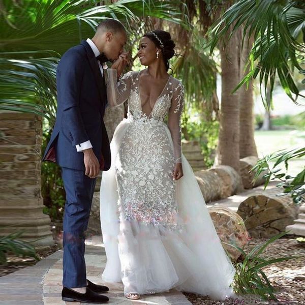 boho ivory tulle mermaid wedding dresses floral lace bridal gowns with detachable overskirt 2021 deep v-neck illusion long sleeve beach brid, White
boho ivory tulle mermaid wedding dresses floral lace bridal gowns with detachable overskirt 2021 deep v-neck illusion long sleeve beach brid, White