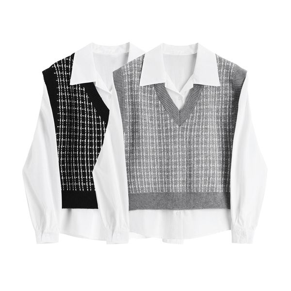 cyanrose autumn long sleeve loose turn down collar shirt women + plaid knitted sweater vest fashion casual female two piece 210417, White
cyanrose autumn long sleeve loose turn down collar shirt women + plaid knitted sweater vest fashion casual female two piece 210417, White