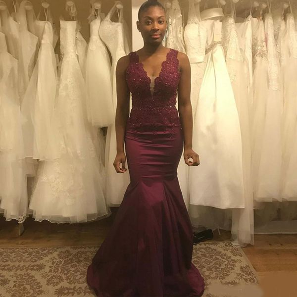 burgundy lace mermaid evening dresses with beaded appliques sweep train backless satin v neck formal prom gowns, Black;red
burgundy lace mermaid evening dresses with beaded appliques sweep train backless satin v neck formal prom gowns, Black;red
