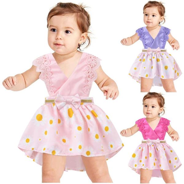 girl's dresses girls summer dress toddler kids baby lace floral sunflowers romper headbands princess children, Red;yellow