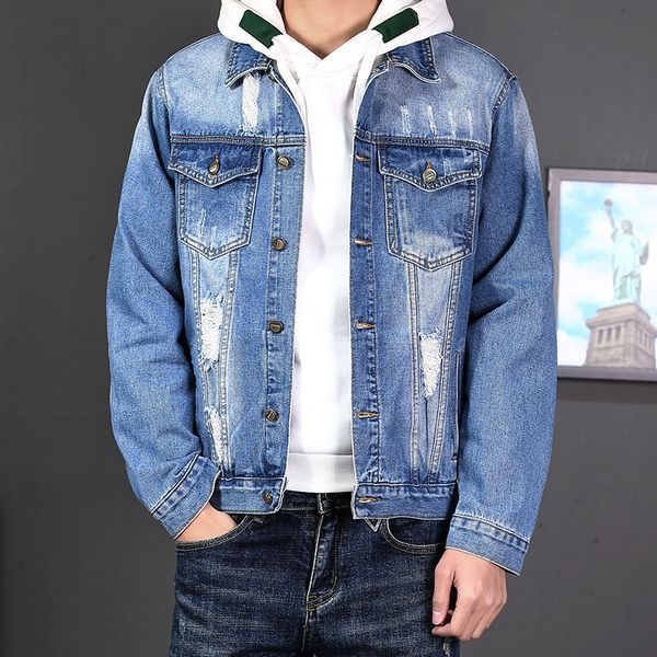 men's jackets man distressed blue denim jacket ripped hole slim fit coat casual classic autumn streetwear designer drop clothing, Black;brown
men's jackets man distressed blue denim jacket ripped hole slim fit coat casual classic autumn streetwear designer drop clothing, Black;brown