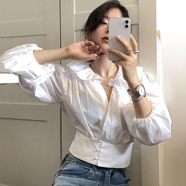 women's blouses & shirts 2021 temperament blouse female ruffled v-neck puff sleeve three-button blusa waist slim short shirt kk611, White
women's blouses & shirts 2021 temperament blouse female ruffled v-neck puff sleeve three-button blusa waist slim short shirt kk611, White