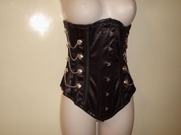 women's shapers vberry black satin pvc trim underbust corset pirate buttons & chains 22 inch waist 8 10, Black;white
women's shapers vberry black satin pvc trim underbust corset pirate buttons & chains 22 inch waist 8 10, Black;white