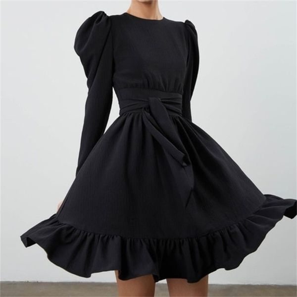 puff sleeve mini dress for woman long belt ruffle hem back zipper 210421, Black;gray
puff sleeve mini dress for woman long belt ruffle hem back zipper 210421, Black;gray