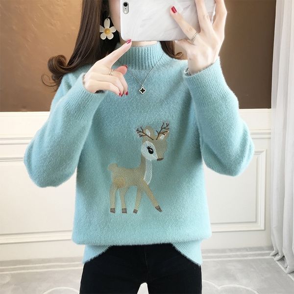 half high collar mink deer women's sweater 2021 new autumn and winter foreign style aging thickened bottomed, White;black
half high collar mink deer women's sweater 2021 new autumn and winter foreign style aging thickened bottomed, White;black