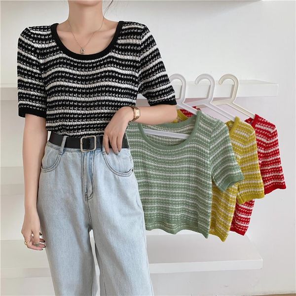women's t-shirt black stripe knitted summer fashion round neck short sleeve elaasticity loose casual simple for women, White
women's t-shirt black stripe knitted summer fashion round neck short sleeve elaasticity loose casual simple for women, White