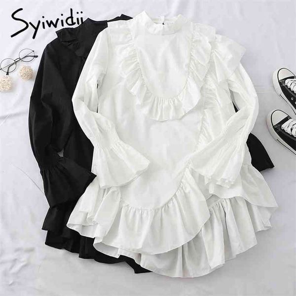 irregular ruffles high waist shirts dresses women flare sleeve stand collar a-line loose clothes spring korean 210607, Black;gray
irregular ruffles high waist shirts dresses women flare sleeve stand collar a-line loose clothes spring korean 210607, Black;gray