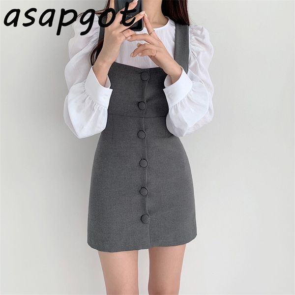 chic korea fashion slim wild o neck white blouse women puff sleeve shirts grey high waist tank dress mini temperament ol sets 210407
chic korea fashion slim wild o neck white blouse women puff sleeve shirts grey high waist tank dress mini temperament ol sets 210407