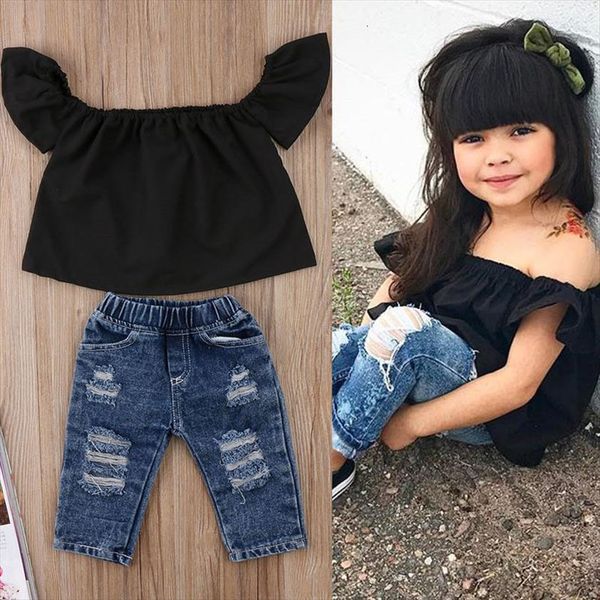 2pcs fashion girls clothing set summer baby clothes black ruffles denim hole pant children dropshipping, White
2pcs fashion girls clothing set summer baby clothes black ruffles denim hole pant children dropshipping, White