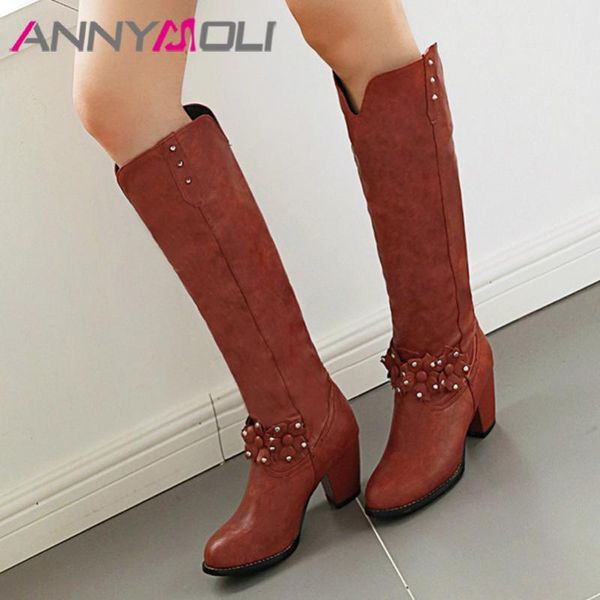 boots annymoli flower high heel long women shoes round toe thick heels rivet knee-high ladies autumn winter khaki blue 46, Black 
boots annymoli flower high heel long women shoes round toe thick heels rivet knee-high ladies autumn winter khaki blue 46, Black