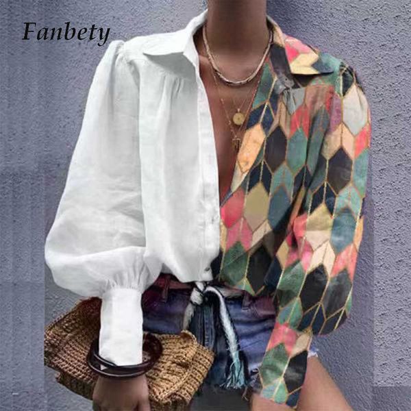 women's blouses & shirts women elegant color block printed patchwork casual turn-down collar button office ladies lantern sleeve blusa, White
women's blouses & shirts women elegant color block printed patchwork casual turn-down collar button office ladies lantern sleeve blusa, White