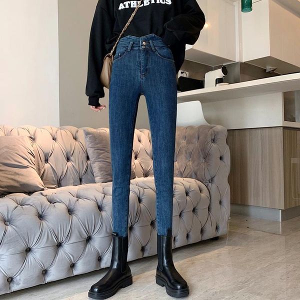 women's jeans autumn and winter denim trousers with thin fleece, high waist elastic feet., Blue
women's jeans autumn and winter denim trousers with thin fleece, high waist elastic feet., Blue