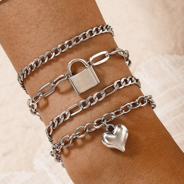 link, chain 4pcs/set fashion silver color heart pendant bracelet jewelry lock set for women birthday gift, Black
link, chain 4pcs/set fashion silver color heart pendant bracelet jewelry lock set for women birthday gift, Black