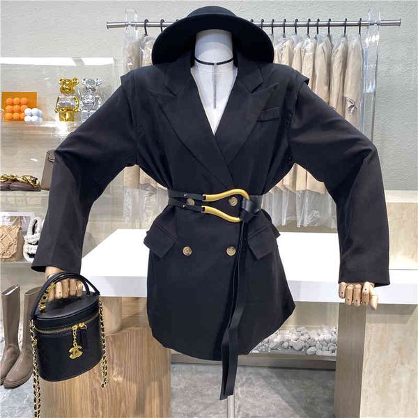 nicho design 2021 with a belt british leisure western style fashion double breasted jacket, White;black
nicho design 2021 with a belt british leisure western style fashion double breasted jacket, White;black