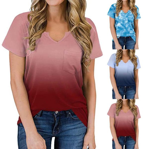 women t-shirt femme fashion tie-dye gradient print v-neck pocket ladies short sleeve loose casual clothing women's, White
women t-shirt femme fashion tie-dye gradient print v-neck pocket ladies short sleeve loose casual clothing women's, White