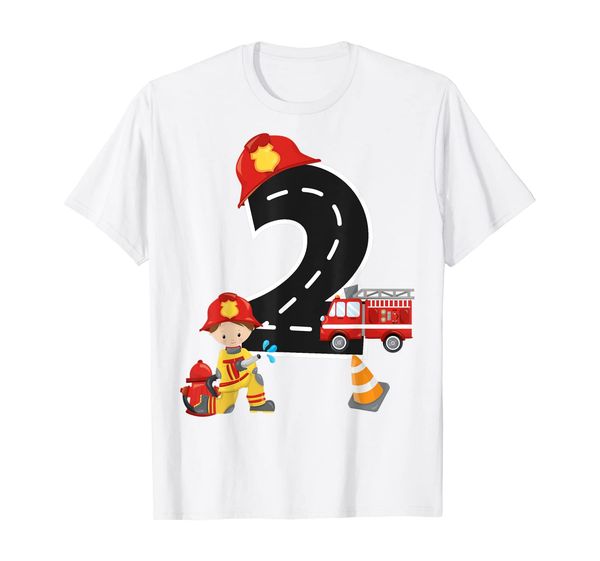 boys' 2nd birthday 2 year old birthday fire truck shirt, White;black