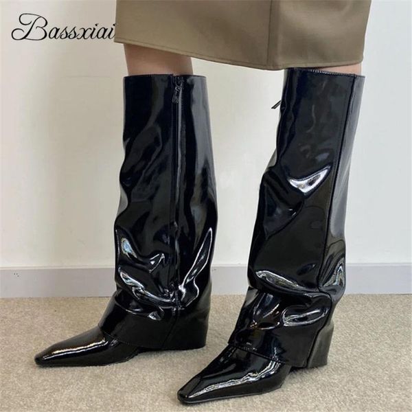 boots pleated patent leather runway women point toe high wedges knee booties for lady winter long botas mujer, Black
boots pleated patent leather runway women point toe high wedges knee booties for lady winter long botas mujer, Black