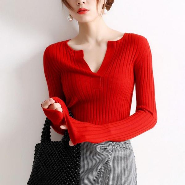 women's t-shirt autumn thin section slim pit striped solid color v-neck long-sleeved knit women, White
women's t-shirt autumn thin section slim pit striped solid color v-neck long-sleeved knit women, White