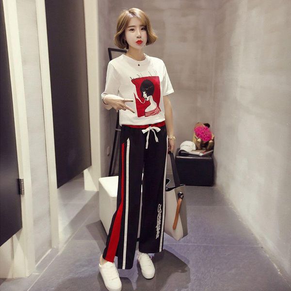 two piece dress summer casual set short sleeve printed t-shirt trouser women loose t-shirts high waist wide leg pants suits, White
two piece dress summer casual set short sleeve printed t-shirt trouser women loose t-shirts high waist wide leg pants suits, White