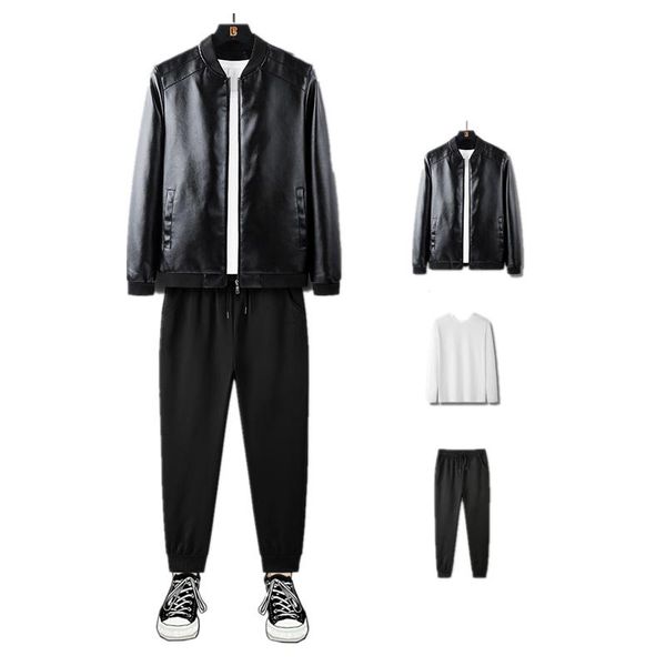 gym clothing mens 3 piece suits baseball faux leather jacket stand collar warm outwear joggers pants crewneck sweatshirt, White;black
gym clothing mens 3 piece suits baseball faux leather jacket stand collar warm outwear joggers pants crewneck sweatshirt, White;black