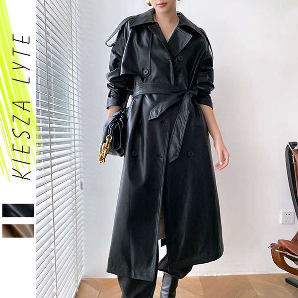 women pu leather long jacket autumn winter black brown faux sashes office lady windbreaker trench coat outwear 210608
women pu leather long jacket autumn winter black brown faux sashes office lady windbreaker trench coat outwear 210608