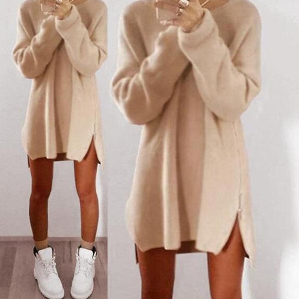 women's sweaters dress solid color long sleeve o neck sideway zip loose casual knitted mini sweater for female, White;black
women's sweaters dress solid color long sleeve o neck sideway zip loose casual knitted mini sweater for female, White;black