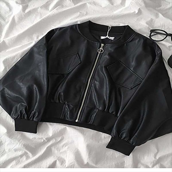 women's jackets 2021 spring and autumn pure color loose cardigan long-sleeved jacket leather short women, Black;brown
women's jackets 2021 spring and autumn pure color loose cardigan long-sleeved jacket leather short women, Black;brown