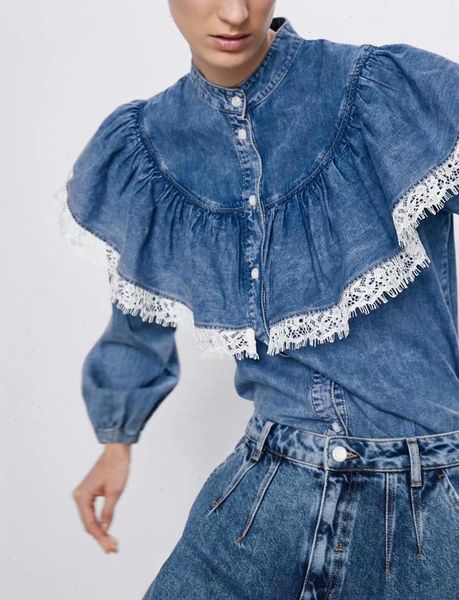spring womens blouses women lace stitching pleated ruffles denim shirt office wear long sleeve jeans chic button chemise, White
spring womens blouses women lace stitching pleated ruffles denim shirt office wear long sleeve jeans chic button chemise, White