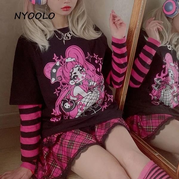 women's t-shirt nyoolo harajuku cartoon punk ladies letter print striped fake 2 pieces patchwork y2k women kawaii cloth sweet girls, White
women's t-shirt nyoolo harajuku cartoon punk ladies letter print striped fake 2 pieces patchwork y2k women kawaii cloth sweet girls, White