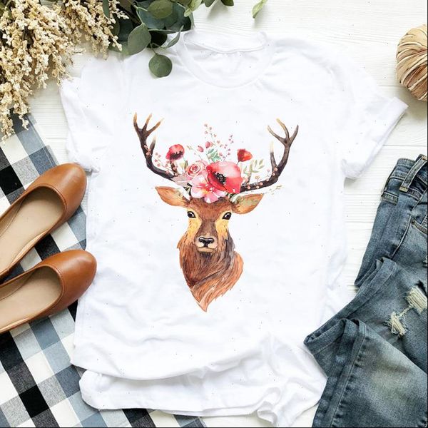 flower deer print women t shirt short sleeve o neck loose causal tee clothes, White
flower deer print women t shirt short sleeve o neck loose causal tee clothes, White