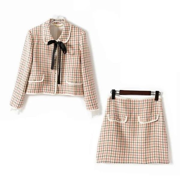 tweed plaid doll collar bow jacket + temperament a-line skirt women's two piece pants, White
tweed plaid doll collar bow jacket + temperament a-line skirt women's two piece pants, White