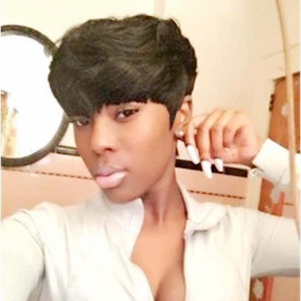 short bob pixie cut full machine made none lace human hair wigs with bangs for black women, Black;brown
short bob pixie cut full machine made none lace human hair wigs with bangs for black women, Black;brown