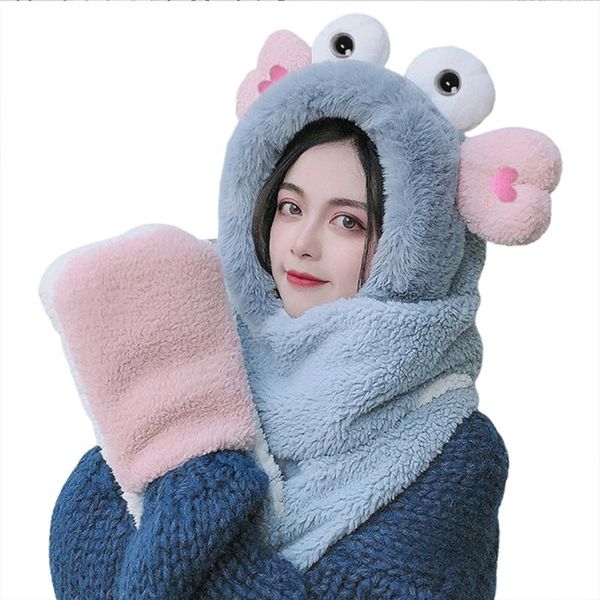 berets women winter warm 3 in 1 fuzzy plush hooded scarf hat gloves set cartoon big eyes ears windproof earflap mittens p8db, Blue;gray
berets women winter warm 3 in 1 fuzzy plush hooded scarf hat gloves set cartoon big eyes ears windproof earflap mittens p8db, Blue;gray