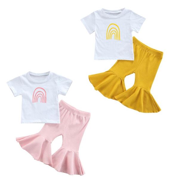 clothing sets 1-4years fashion girls summer rainbow print short sleeve t-shirts +ribbed knitted flare pants trousers 2pcs, White
clothing sets 1-4years fashion girls summer rainbow print short sleeve t-shirts +ribbed knitted flare pants trousers 2pcs, White