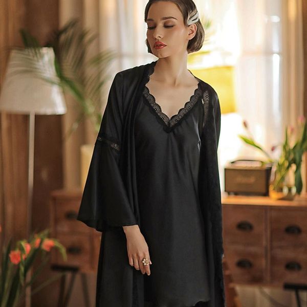 women's sleepwear kimono bathrobe gown black women 2pcs intimate lingerie casual satin nightgown home clothing spring summer, Black;red
women's sleepwear kimono bathrobe gown black women 2pcs intimate lingerie casual satin nightgown home clothing spring summer, Black;red