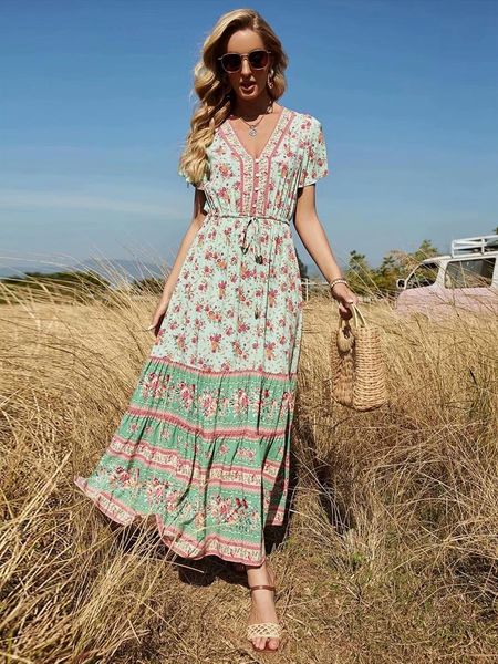 floral print beach bohemian maxi womens dresses v neck front botton rayon boho pleated sundress vestidos, Black;gray
floral print beach bohemian maxi womens dresses v neck front botton rayon boho pleated sundress vestidos, Black;gray