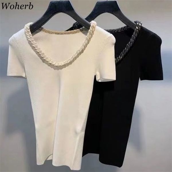 femme summer solid knit t-shirt short sleeves v-neck all match chain patch chic korean casual t-shirts 210519, White
femme summer solid knit t-shirt short sleeves v-neck all match chain patch chic korean casual t-shirts 210519, White