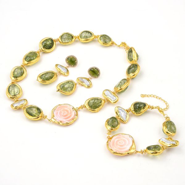 guaiguai jewelry natural white keshi pearl pink queen conch flower green murano glass necklace bracelet earrings sets for women, Silver
guaiguai jewelry natural white keshi pearl pink queen conch flower green murano glass necklace bracelet earrings sets for women, Silver