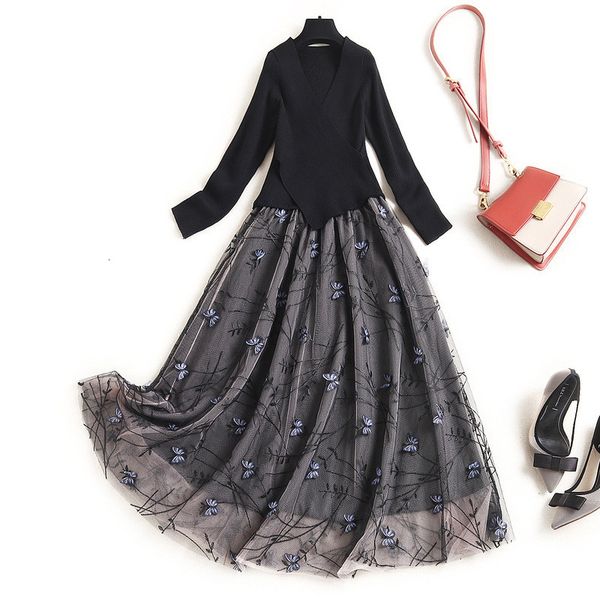 two piece dress autumn fashion long sleeve knitted shirt elegant woman's dress embroidered mesh midi party femme casual robe 7317, White
two piece dress autumn fashion long sleeve knitted shirt elegant woman's dress embroidered mesh midi party femme casual robe 7317, White