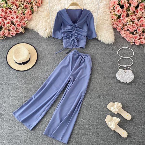 women's two piece pants light mature style fashion suit summer wide leg women high waist drape casual straight two-piece short top, White
women's two piece pants light mature style fashion suit summer wide leg women high waist drape casual straight two-piece short top, White