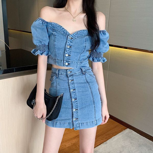 korean summer women 2 piece set denim slash neck short sleeve buttons crop + mini skirts suit female 210518, White
korean summer women 2 piece set denim slash neck short sleeve buttons crop + mini skirts suit female 210518, White