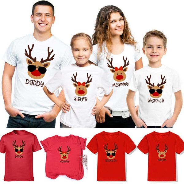 women's t-shirt christmas deer print family matching looking clothes daddy mommy sister brother short sleeve fashion casual t shirts g, White
