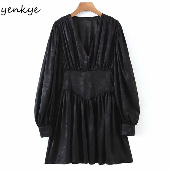 women vintage jacquard satin slim a-line dress female lantern sleeve v neck casual spring short robe 210514, Black;gray
women vintage jacquard satin slim a-line dress female lantern sleeve v neck casual spring short robe 210514, Black;gray