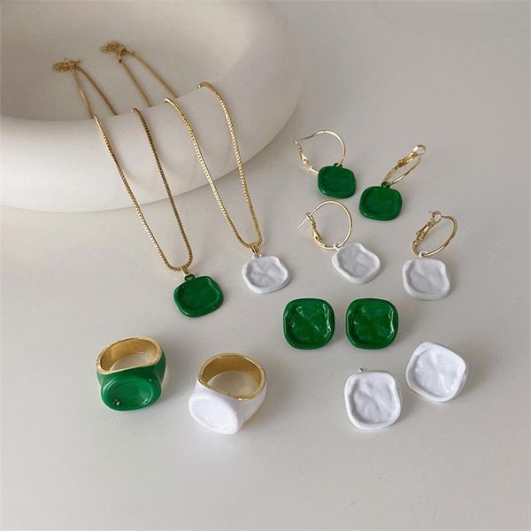 earrings & necklace fashion french irregular metal dripping glaze ring 2021 personality all-match party jewelry for women, Silver 
earrings & necklace fashion french irregular metal dripping glaze ring 2021 personality all-match party jewelry for women, Silver