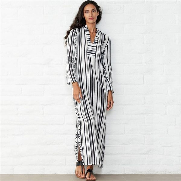 women's swimwear cotton bikini cover up v-neck stripe beach kaftan tuincs casual striped long sleeve maxi dress women beachwear, White;black
women's swimwear cotton bikini cover up v-neck stripe beach kaftan tuincs casual striped long sleeve maxi dress women beachwear, White;black