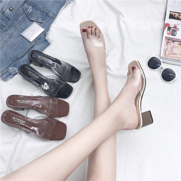 slippers 2021 summer women's shoes korean set toe transparent crystal middle heel thick simple sandals women, Black 
slippers 2021 summer women's shoes korean set toe transparent crystal middle heel thick simple sandals women, Black