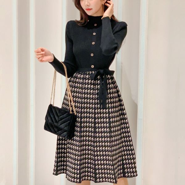casual dresses 2021 spring korean elegant knitted plaid patchwork women long sleeve lace-up bow pleated vintage es vestidos e6l7, Black;gray
casual dresses 2021 spring korean elegant knitted plaid patchwork women long sleeve lace-up bow pleated vintage es vestidos e6l7, Black;gray